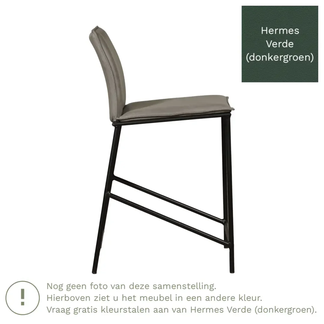 afbeelding van Leren barkruk laag Favor - Hermes Verde (donkergroen) - poten staal rond zwart
